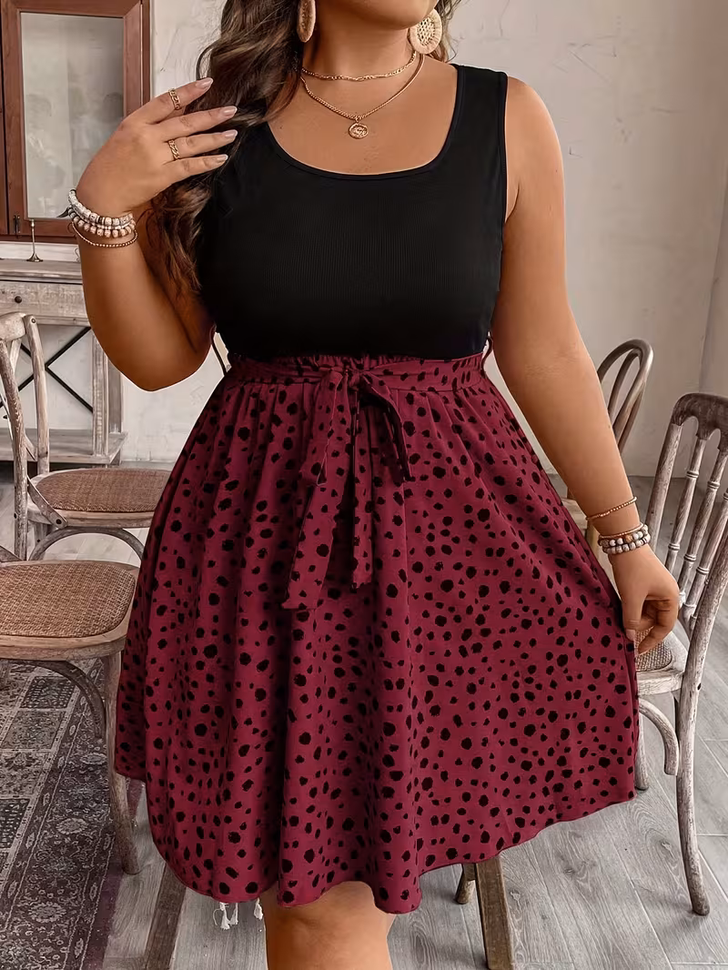 Plus Size - Plus Size - Plus Size Direction-Revised Color-Block Polka Dot Tie-Back Sleeveless Maxi Dress Singlepiece Casual Worryfree Fashion for Summer
