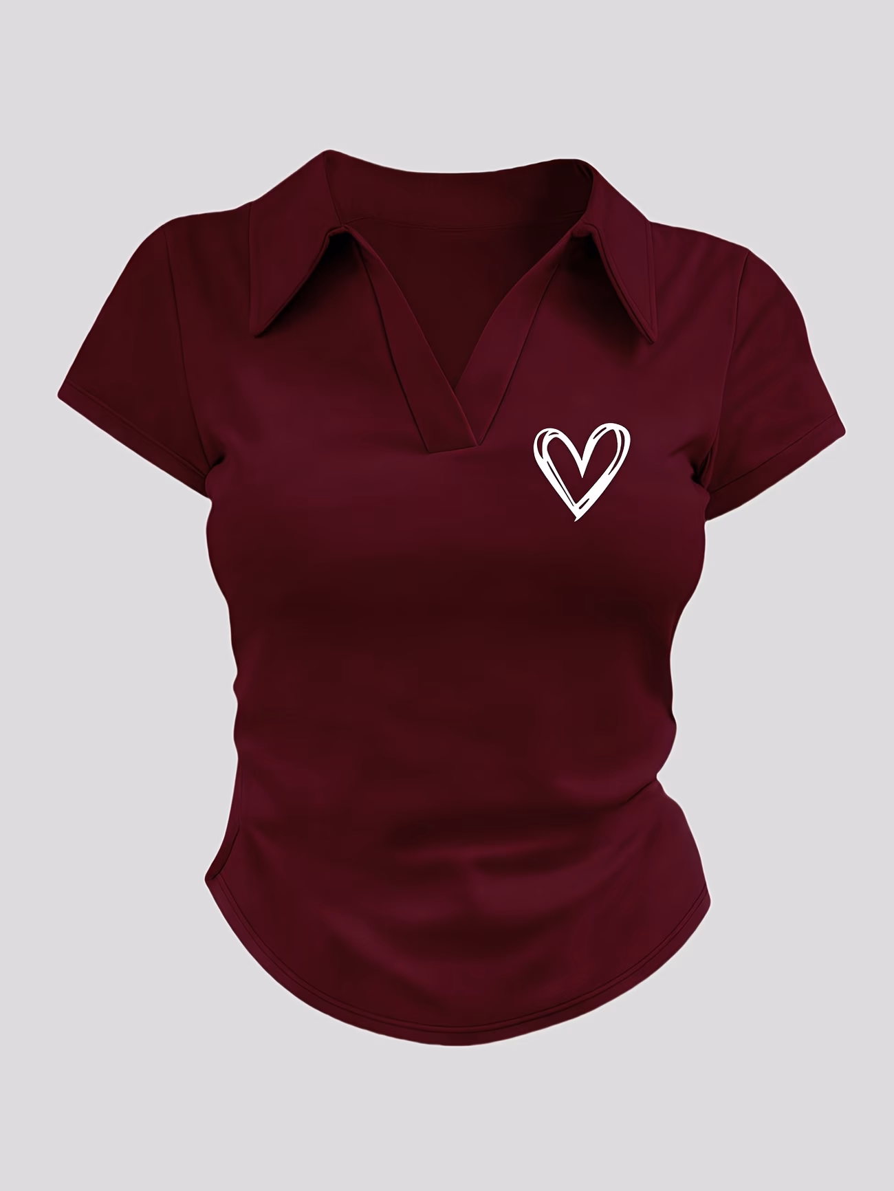 Heart Print Shirt, Women's Ruffled Waistband Slim Fit Short Sleeve T-Shirt, Women's Spring/Summer Top