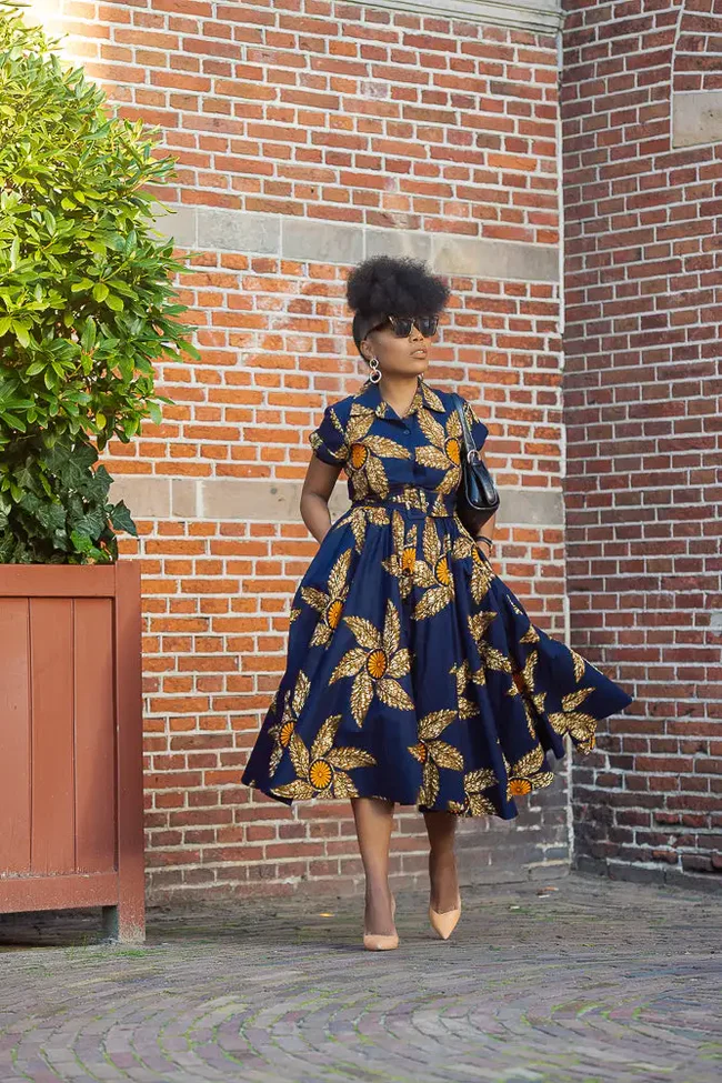 Thandiwe Navy Blue ans Brown African Print Dress