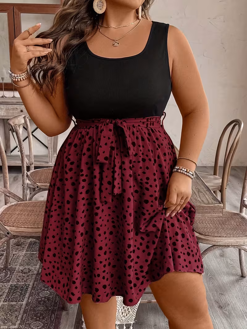 Plus Size - Plus Size - Plus Size Direction-Revised Color-Block Polka Dot Tie-Back Sleeveless Maxi Dress Singlepiece Casual Worryfree Fashion for Summer